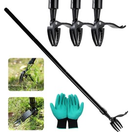 Weed Puller Tool, Stand-up Weeder with 3 Steel Headl(4-Claw) with Stainless Handle Adjustable(1-1.3m) and Gardening Glove,Easily Remove Weeds Without Bending,Pulling,or Kneeling for Lawn and Garden