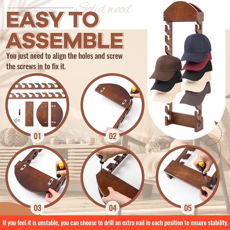 Wonderjune Wooden Hat Racks for Baseball Caps, Wall Mounted Baseball