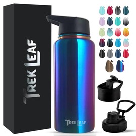 Trek Leaf Travel Water Bottle-18oz, 22oz, or 32oz -3 Lids (Spout, Straw, Flip) Leak Proof, Quality, Vacuum Insulated, Stainless Steel, Thermos, Metal Flask, Sports Canteen (Twilight, 32 oz)