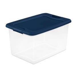 Sterilite 64 Quart Latching Hinged See-Through Plastic Stacking Storage Container Tote with Recessed Lids for Home Organization, Marine Blue (12 Pack)