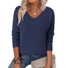 Zeagoo Ribbed Sweaters for Women Long Sleeve V Neck Tops Ladies 2025 Fall Sweater Outfit Navy