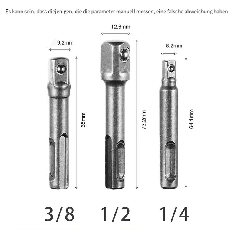 3 Stück SDS Plus Stecknuss Adapter Set,1/4",3/8",1/2" Vierkant Bohrer Schnellwechsel