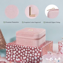 Vlando Small Travel Jewelry Box Organizer Display Case for Rings Earrings Necklaces Storage, Selected Soft Velvet, Letter L Engraved, Pink