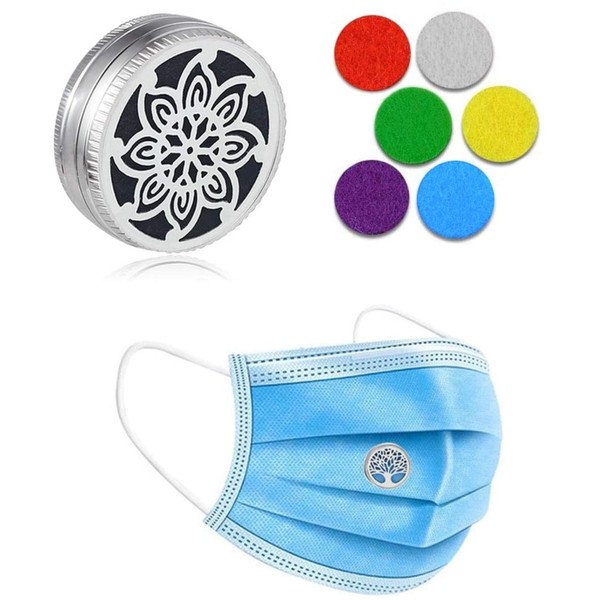 One Pinwheel Flower Essential Oil Diffuser Locket for Face Mask Magnetic Clip Aromatherapy Air Freshener Stainless Steel Buckle on Face Covering and 6 Washable Felt Pads for Health Protection