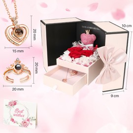Nasjac Flor Rosa Eterna, Regalo para Mujer, Anillo Collar con "I Love You" en 100 Idiomas, Oso Rosas Flores Conservada, Regalo para San Valentín, Regalo de Mamá, Tarjeta de Felicitación, Caja Regalo