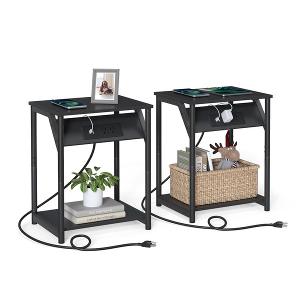 VASAGLE End Table with Charging Station, Set of 2, Small Side Tables for Living Room, Bedroom, Nightstand with Outlets and USB Ports, Bedside Table with Storage Shelf, Black