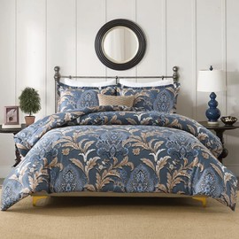 EWlinens Comforters King Size, Bedding Comforters Sets, 100% Cotton, Vintage Damask Floral Pattern King Comforter Bedding Set, 3 Pieces, 90" × 104", Navy/Beige