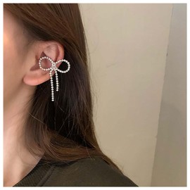 Inilbran Boho Crystal Bow Clip Earrings Vintage Silver CZ Cartilage Ear Clips Rhinestone Bow Clip Cuff Earrings Minimalist Bow Wrap Hoop Earrings No Piercing Earrings Jewellery (Left), Rhinestone