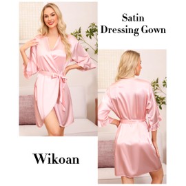 Wikoan Women's Satin Robe Summer Silk Dressing Gowns Soft Wedding Party Bathrobe 3/4 Sleeve Sleepwear with V-Neck,M，Dark Champagne,Flesh Pink,M