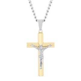 Crucifix Necklace Men - Two Tone Stainless Steel Cross Necklace Men's Jesus Christ Pendant with 24" Twisted Curb Chain Pendant - Stainless Steel Cross Necklace