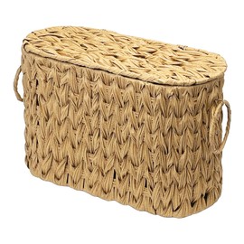 Toilet Paper Storage Basket with Lid, Narrow Bathroom Organizer for 6 Mega Rolls, Waterproof Wicker Look Plastic Basket with Handles, Toilet Tank Top Holder, Farmhouse Bathroom Storage Bin (Linen)
