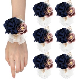 6 Pcs Wedding Wrist Corsage Set Bridal Navy Blue Rose Wrist Flower Corsage Hand Flower Wedding Pearl Bead Wristband for Prom Homecoming Party Women Girls Bride Ceremony Anniversary