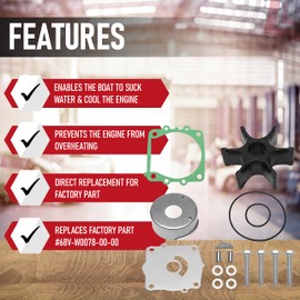 Water Pump Impeller Repair Kit - Replaces 68V-W0078-00-00, 18-3442 - Compatible with Yamaha 4-stroke 75hp-115hp - 2002-2017 F115, FL115, LF115, F100, F95, F90, F80, F75, F130, F125