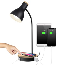 Metal Desk Lamp Wireless Charging Table Lamp Touch Reading Lights Arc Desk Lamps for Bedroom, 3 Way Dimmable Bedside Lamp with USB Charging Ports, Reading Lamp for Study Room and Office (Black-02)