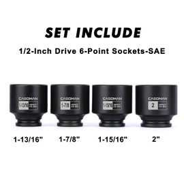 CASOMAN 1/2'' Drive Spindle Axle Nut Impact Socket Set, 6 Point, CR-MO,1-13/16, 1-7/8, 1-15/16, 2 inch, 4PC 1/2-Inch Impact Socket Set, Heavy Duty Use In Removing And Installing Axle Nuts