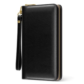 Nipichsha Womens Wallet, RFID Wristlet Wallet for Women, Cute Ladies Purse, Large Credit Card Clutch Purse, Leather Card Holder Wallets with Zipper & Phone Holder, Black