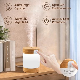 Bamboo Ultrasonic Mini Humidifier, 400ml Quiet Desktop Humidifier with Dual LED Night Light, USB-C Powered, Auto Shut-Off, Portable Small Room Air Moisturizer for Bedroom, Desk, Office & Travel