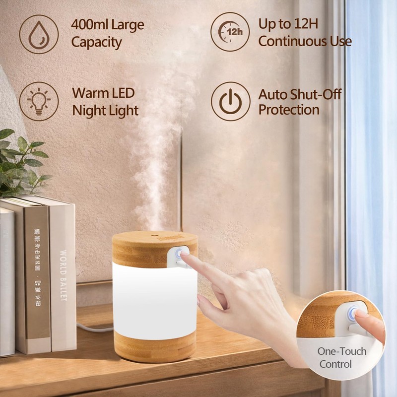 Bamboo Ultrasonic Mini Humidifier, 400ml Quiet Desktop Humidifier with Dual