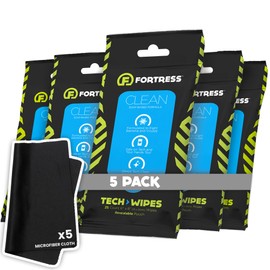 Fortress Electronic Wipes With Microfiber Cloth (25 ct, Pack of 5) To-Go Tech Wipes for Cell Phones, Keyboards, Cameras, Car Interior and More [Travel Size] Skin-Safe Phone Wipes