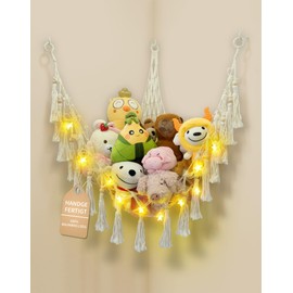 LAOYE Cuddly Toy Storage Net Stuffed Toy Storage Boho Macrame Cuddly Toy Net with Pentagram Fairy Lights Warm White Cuddly Toy Hammock Hanging Toy Organiser for Children's Room