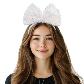 Yheahin Big Bow Headband for Women Soft Bow-Knot Hair Hoop with Sparkling Sequins Festival Costume Large Hair Bow Accessory (White, Elastic)