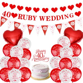 Ruby Wedding Anniversary Decorations 40 Ruby Wedding Banner Bunting Happy 40th Anniversary Balloons CakeToppe Red Heart Balloons for 40 Ruby Couple Anniversary Party