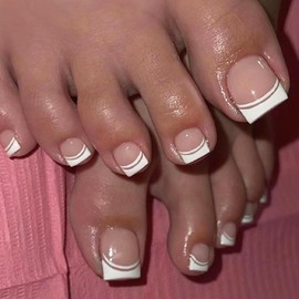 WAFOLOZE Press on Toenails - Short Glossy Artificial French Tip Toe Nails for Women - 24 Pieces (B)