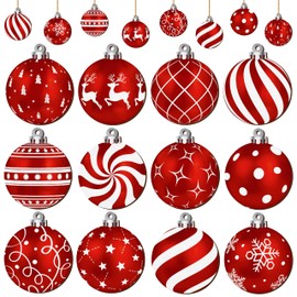 24Pcs Christmas Wooden Ornaments Set, Double-Sided Printing Ball Shaped Christmas Hanging Ornament, Xmas Tree Decoration Wooden Hanging Ball Pendants for Christmas Home Party Decor (Red White)