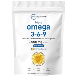 Triple Strength Omega 3 6 9, 3600 mg por porción, 300 unidades, tecnología de revestimiento entérico sin arbustos, peces oceánicos profundos, capturad