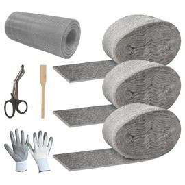 Steel Wool Mice Control - 3 Pack 2.75in x 13ft & 1 Pack Wire Mesh 5in x 15ft, Gap Filler for Pipes Home Garage Garden, DIY Kit with Gloves, Scissors and Wooden Stick