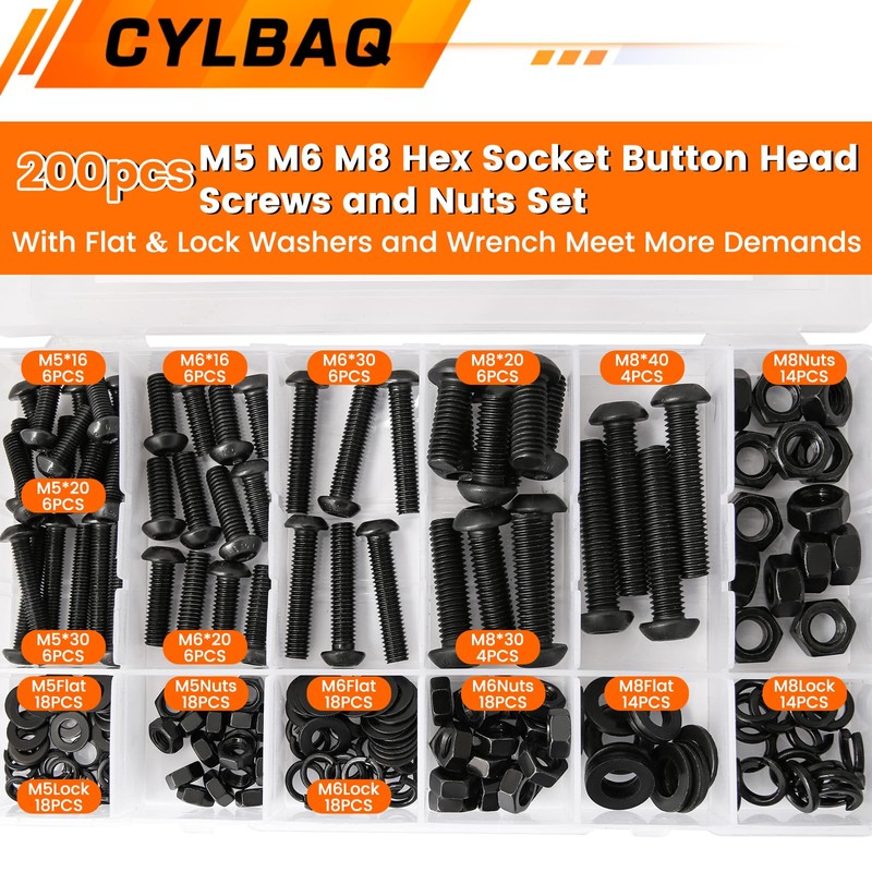 Nuts and Bolts Set M5 M6 M8, CYLBAQ Black Hex