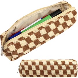 Small Pencil Pouch Plaid Makeup Bag, Knitted Cosmetic Bag Checkered Makeup Bag, Coin Pouch Office Stationery Organizer for Teen School (Brown)