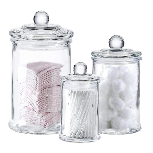 Whole Housewares | Set of 3 Bathroom Canisters - Storage Container Jars - Premium Glass Apothecary Jars with Lids - Small Glass Jars for Kitchen or Bathroom Storage - Decorative Crystal Containers