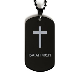 DARIN GIFT Bible Verse Black Dog Tag, Isaiah 40:31 Motivational Inspirational Gifts Cross Faith Engraved Stainless Steel Chain Necklace For Men Women Kids