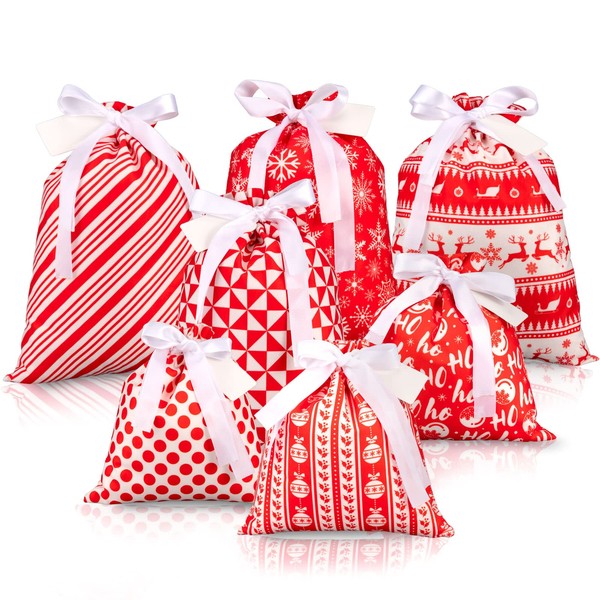 Whaline 7pcs Christmas Fabric Gift Bags Drawstring Bag Cotton Storage Sack with 7 Tags Red Present Bags Goodie Treat Bags Favors Bags for Xmas Party Decorations Supplies