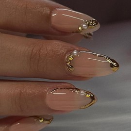Chrome Gold Press on Nails Medium Almond Stick on Nails Gold French Tip Fake Nails 3D Gilded False Nails with Pearls Rhinestones Designs Acrylic Nails for Women DIY Manicure Charms Decor Supply 24Pcs