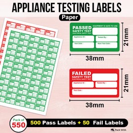 Pat Testing Stickers Pack of 550 Passed Stickers with 50 Pat Test Fail Labels (38 x 21 mm) Matt Paper Pat Test Stickers for Electronic Devices Packwith®