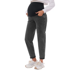 POSHGLAM Women's Maternity Jeans Over Belly Comfy Stretch Boyfriend Jeans Loose Pregnancy Pants(Washed Black, Large)