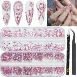 2920Pcs Pink Nail Rhinestones Kit 12 Types Special-Shaped Multi Shapes Crystal Pink Flatback Rhinestones Gems Round Glass Stones Diamonds with Tweezer + Wax Pen for Nail Faces Eyes Makeup Crafts