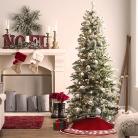 HOHOTIME Christmas Tree Skirt, 30 in Red Burlap Tree Skirt with Snowflakes and Gold Glitter Circles, Home Decor for Christmas Tree, Indoor Christmas Holiday Decorations