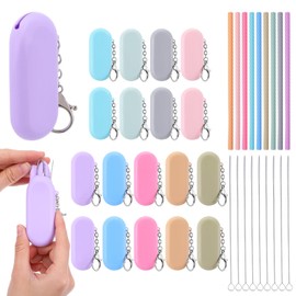 18 Sets Silicone Straws with Case Reusable Silicone Foldable Portable Drinking Straw for Party Travel Cold or Hot with Carry Case and Cleaning Brushes 7.8 Inch Long(9 Color)