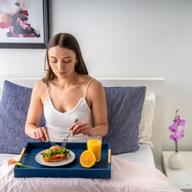 Modern Elegant 17.5”x12” Rectangle Navy Blue Faux Leather Shagreen Decorative Tray Ottoman Tray Coffee Table Perfume Living Room Kitchen Serving Tray with Brass Gold Metal Handles by Home Redefined.