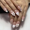 MouyouGlow Press on Nails Short, Almond White French 3D Kitty