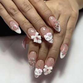 MouyouGlow Press on Nails Short, Almond White French 3D Kitty Bow Tie Crystal Stars Charms Cute Kawai Cat Fake Nails with Nail Glue, Y2K Artificial Fingernails