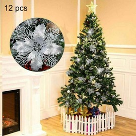 Queta Pack of 12 Christmas Glitter Poinsettia, Christmas Tree Ornament, Christmas Flowers, Artificial Flowers, Christmas Tree Decoration, Wedding, Wreaths, Decoration, 16 cm