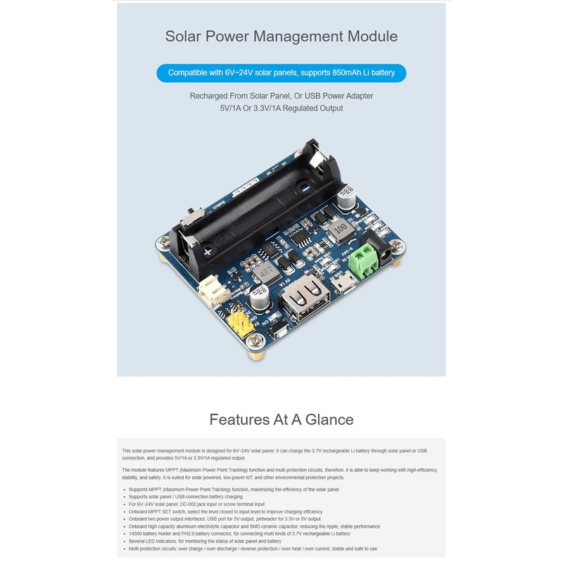 Solar Power Management Module Support 6V~24V Solar Panel Onboard MPPT