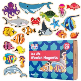 SPARK & WOW Wooden Magnets - Sea Life - Set of 20 - Magnets for Kids Ages 2+ - Cute Animal Magnets for The Fridge, Whiteboards and More