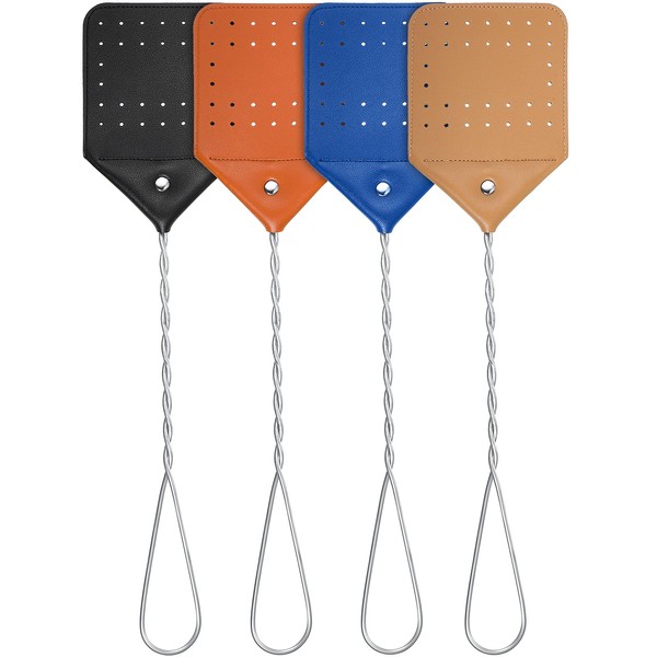 4 Pieces Leather Fly Swatter Long Handle Manual Swat Metal Handle Flyswatter Colorful Rustic Fly Swatter for Kitchen Home Indoor Outdoor, 4 Colors(Royal Blue, Black, Khaki, Dark Brown)
