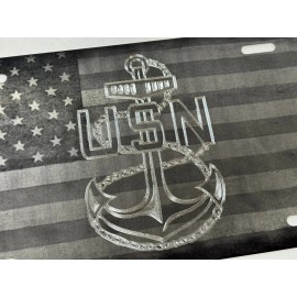 BLVD Combo Laser US Flag & Diamond Engraved Etched Navy Anchor Car Tag License Plate
