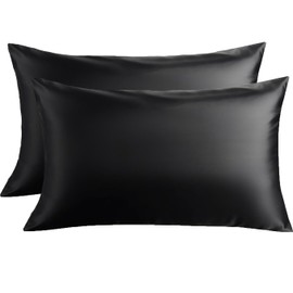 【2 Pack】 Mulberry Satin Silk Pillowcase, H HOME-MART 20"x 30" Satin Silk Pillowcases for Hair and Skin, Queen Size Pillow Case with Envelope Closure(Black)